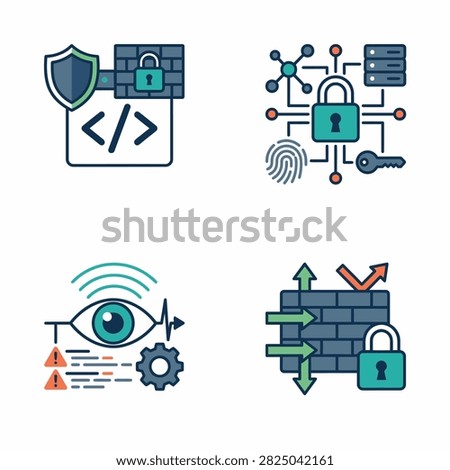 Collection of digital security icons representing concepts like data protection network security and privacy