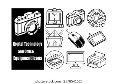 A collection of digital technology and office equipment icons, including a camera, graphic tablet, printer, scanner, monitor, 3D printer, computer mouse, and more. Perfect for design projects