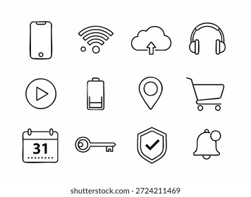 Una colección de iconos de interfaz de usuario digital que incluyen teléfono inteligente, señal Wi Fi, nube con flecha hacia arriba, auriculares, Botón de juego, indicador de batería, pin de ubicación, Carrito de compras, calendario, llave, escudo con marca de verificación y campana con círculo que simboliza la tecnología y los temas de desarrollo de Web para proyectos digitales, Sitios web, App y diseño de software