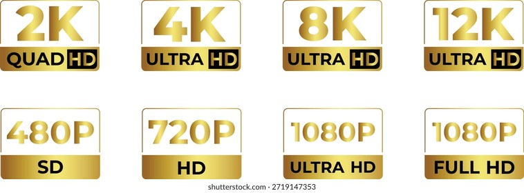 A collection of digital video resolution and quality labels, including HD, 4K, 8K, and various pixel density indicators.