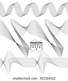 Collection of dimensional motif elegant flowing curves, light background in motion, majestic design seamless backdrop. Curved flexible isolated elements.