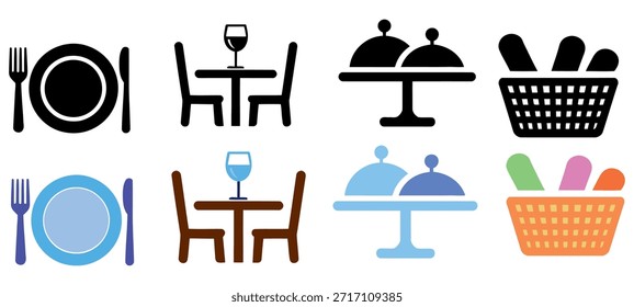 Coleção de ícones de restaurantes e restaurantes com talheres, mesas, pratos de serviço e cestas de pão