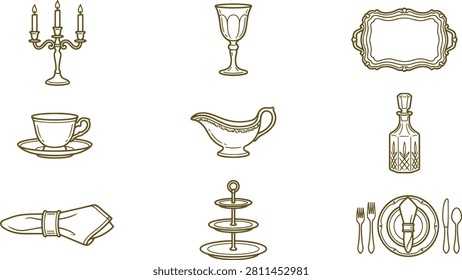 Collection of dining and table service featuring candlesticks, wine glass, serving tray, tea cup, gravy boat, and napkin in brown