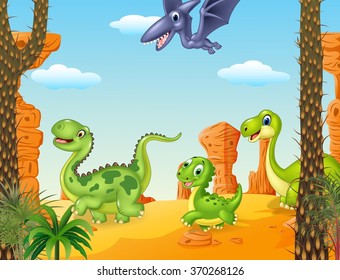 Collection dinosaur character in the prehistoric background