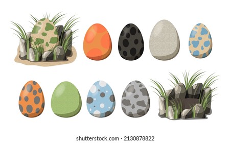 Collection Dinosaur eggs in cartoon style. Set constructor Nest of dinosaurs with eggs and grass. Easy to assemble your own.