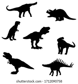 collection of dinosaur silhouettes, black and white vector illustration of dinosaurs for textile, books, tattoo isolated on white background