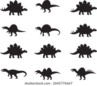 Collection of dinosaur silhouettes including stegosaurus and spinosaurus