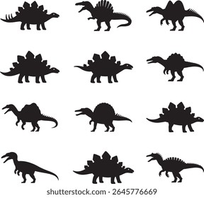 Coleção de silhuetas de dinossauros incluindo stegosaurus e spinosaurus