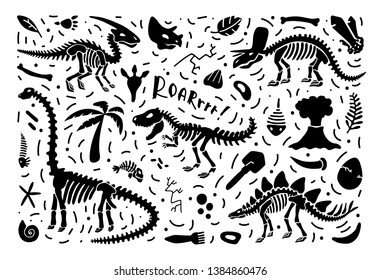 Collection of dinosaur skeletons and fossils, a set of plants, animals and paleontology elements isolated on white. Vector illustration for creating patterns, prints, web, postcards, t-shirts