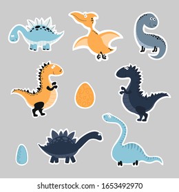 Collection of dinosaur stickers in cartoon style. Vector illustration.