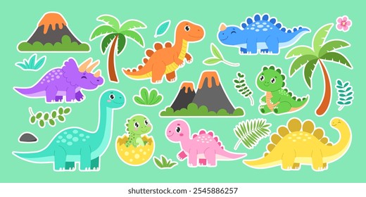 Uma coleção de adesivos de dinossauros com um fundo verde. Os dinossauros são de vários tamanhos e cores, incluindo um rosa