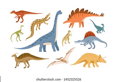 Collection of dinosaurs and pterosaurs of various types isolated on white background. Bundle of prehistoric animals, giant reptiles from Jurassic period. Flat cartoon colorful vector illustration.