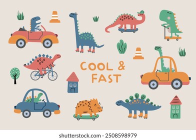 Collection dinosaurs in the transports. Car, skateboard, bike, rollers, scooter. Fun vector characters. 