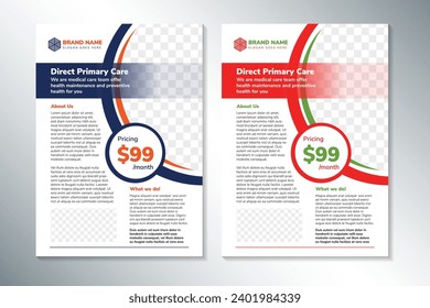 collection of direct primary care flyer design template with space for photo collage on top and bottom. white background with blue and red colors.