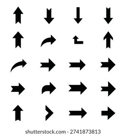 Collection of directional arrows, pointers, symbols, various shapes, black color, infographic elements