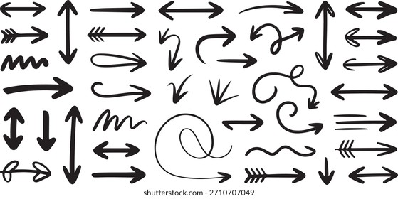 Colección con indicaciones de navegación símbolos que muestran movimientos con Ilustración vectorial de diseño de estilo dibujado a mano doodle.