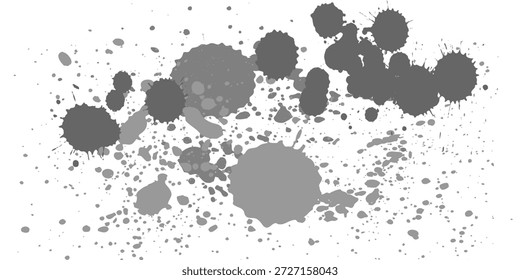 Una colección de sucias gotas de pintura artística, salpicaduras grises a juego o salpicaduras dibujadas a mano creativas, trazos aislados sobre un fondo blanco. Un grupo de manchas sucias abstractas en estilo grunge, adecuadas para la educación, el Web, las cubiertas o la decoración de arte gráfico.