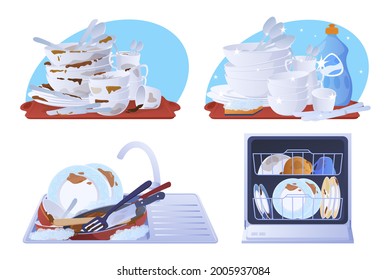 Collection dirty and clean dishes vector flat illustration. Set of dishware covered by food spot in kitchen sink and dishwasher ready to washing isolated. Pure plate, cutlery and mugs after cleaning