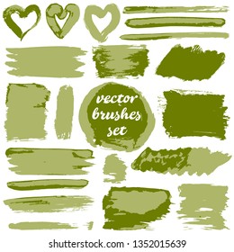Collection of dirty elements for design. Large set of two-color strokes, brushes, dots, inks, strokes and lines. Vector illustration isolated on white background. Green shades