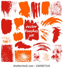 Collection of dirty elements design. Large set of two-color brushes, dots. Vector illustration. Isolated. Orange shades