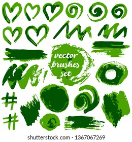 Collection of dirty elements. Large set of two-color strokes, brushes and lines. Isolated. Green shades