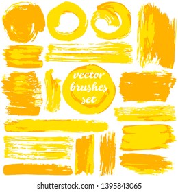 Collection of dirty elements. Large set of two-color strokes, brushes and lines. Vector illustration. Isolated. Sunny colors
