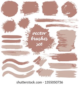 Collection of dirty elements for your design. Large set of two-color strokes, brushes, dots, inks, strokes and lines. Vector illustration isolated on white background. Brown shades