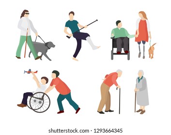 Collection of disabled people with their romantic partners and friends. Set of men and women with physical disorder or impairment with mates and family. Flat cartoon characters. Vector illustration.