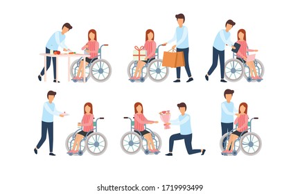 Collection of disabled people with their romantic partners and family. Set of men and women with physical disorder or impairment with family. Flat faceless cartoon characters. Vector illustration.