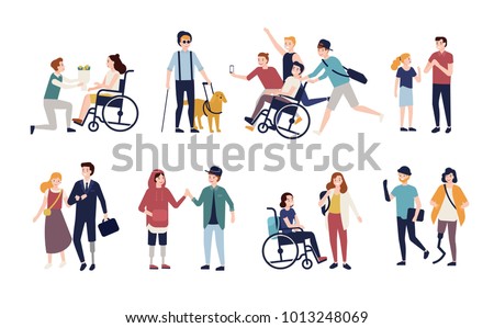 Collection of disabled people with their romantic partners and friends. Set of men and women with physical disorder or impairment with mates and family. Flat cartoon characters. Vector illustration.