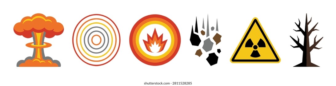 Collection of disaster and hazard warning icons depicting nuclear explosion, fire, radiation, earthquake, and environmental damage.