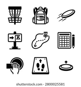 Collection of disc golf equipment and game elements represented by simple black vector icons, isolated on white background.