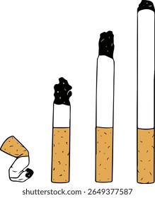 Coleção de pontas de cigarro descartadas em vários estados, de extintas a esmagadas. Esta ilustração vetorial destaca a questão do lixo, da poluição e dos restos do fumo.