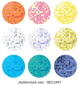 Collection of disco globes in many colors for personalized design, isolated vector objects on white background