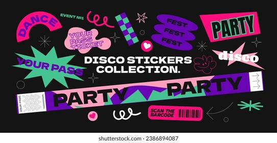 Collection disco party stickers patches, labels, tags, stamps.Cartoon ticket, festival control bracelets. Vector set, trendy promo labels	