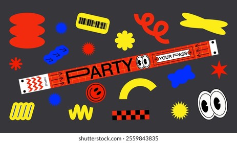 Collection disco party stickers patches, wristband, labels, tags, stamps.Cartoon ticket, festival control bracelets. 90s style wristband and stickers