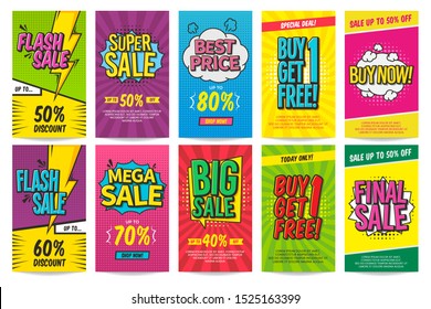 Collection of discount comic banners set colorful with halftone effect