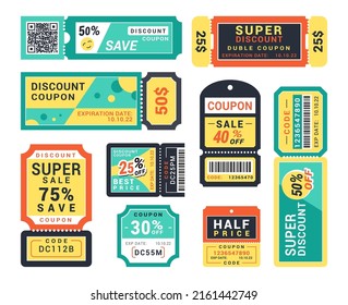 Collection discount coupon for promotion sale business advertising with place for text and barcode vector illustration. Set information price promo ticket special offer voucher tag marketing layout