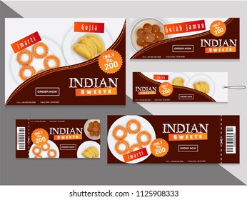 Collection of discount coupons and tag for Indian Sweet or dessert with different price offers.