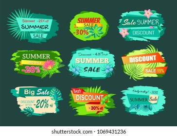 Collection of discount emblems off summer sale advertisement labels with gentle flowers, promo sticker design, sale tag emblems info about sales on green