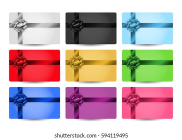 Collection of discount or gift cards with realistic glossy bows and ribbons isolated on white background.