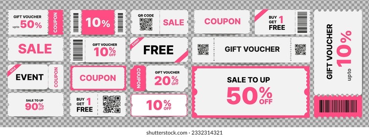 collection of discount pink coupon book. voucher, event, free, sale, template. vector illustration.