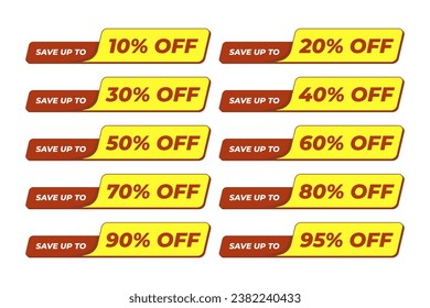 Collection of discount sale labels with percentage discount. Discount tag sticker for special offer sale. Price Tags set vector badges for product. 10, 20, 30, 40, 50, 60, 70, 80, 90, 95 percent off