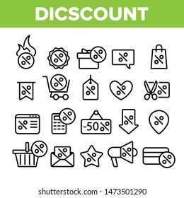 Collection Discount Thin Line Icons Set Vector. Percent Sign With Present Box And Heart, GPS Mark And Text Box Frame, Star And Scissors Discount Elements Linear Pictograms. Contour Illustrations