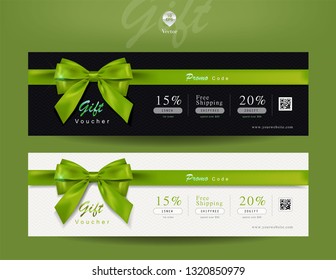 Collection of discount voucher template with  ribbons bow and promo code. Detailed and realistic Vector illustration. 