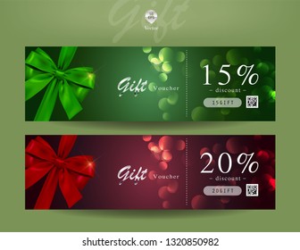 Collection of discount voucher template with  ribbons bow and promo code. Detailed and realistic Vector illustration. 
