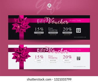 Collection of discount voucher template with ribbons bow and promo code. Detailed and realistic Vector illustration.