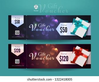 Collection of discount voucher template with ribbons bow and promo code. Detailed and realistic Vector illustration.