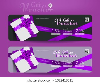 Collection of discount voucher template with ribbons bow and promo code. Detailed and realistic Vector illustration.