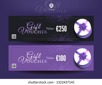 Collection of discount voucher template with ribbons bow, gift box and promo code. Detailed and realistic Vector illustration.